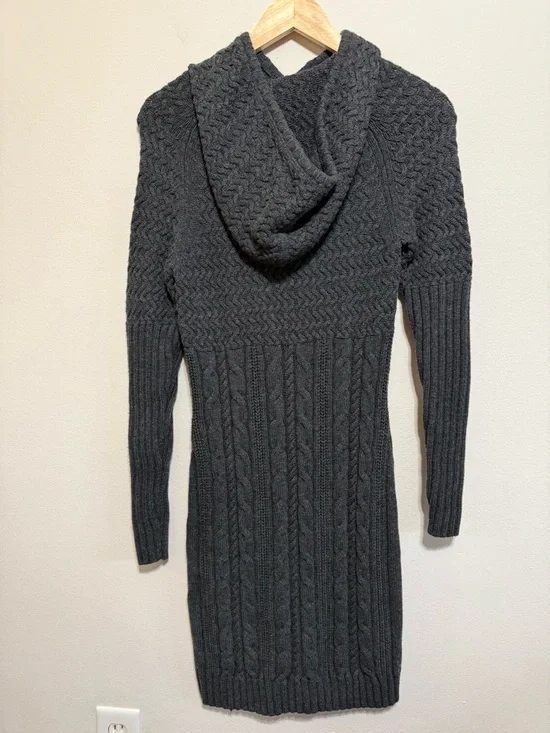 Athleta Coldspell Cable Knit Sweater Dress 100% Merino Wool Hooded Gray - Picture 3 of 8
